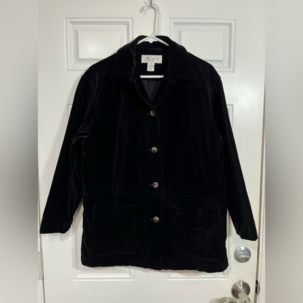 Jones Wear Sport Black Velvet Jacket Women’s M 100% Cotton Button Front
